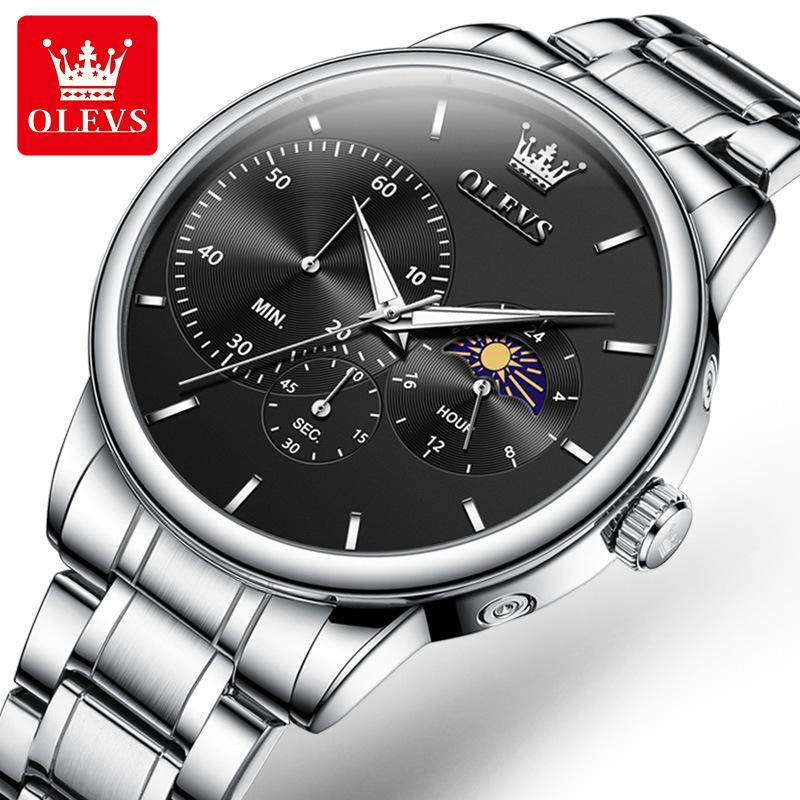 OLEVS Moon Phase Men's Watch Simple Casual Original Fashion Quartz Watch for Men Waterproof Luminous Stainleess Steel Wristwatch