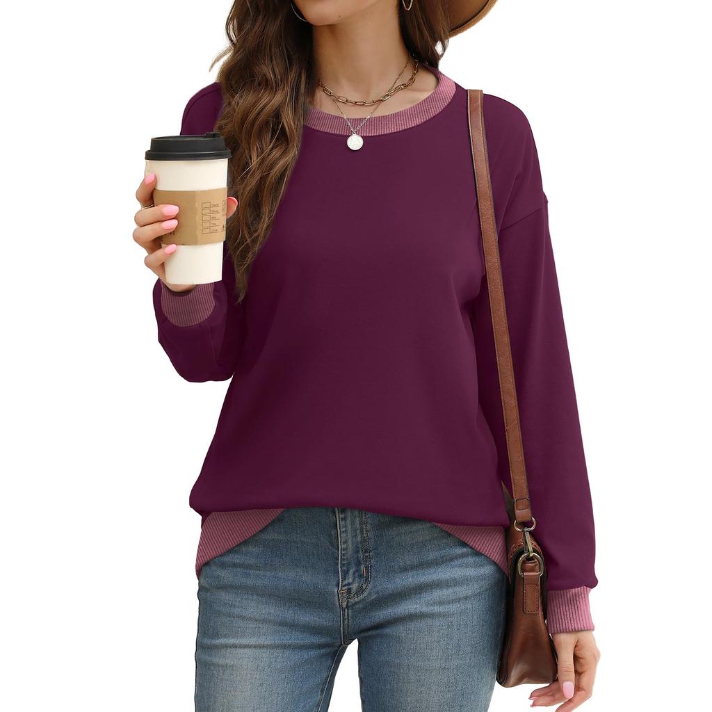 Женская спортивная рубашка весна-лето с круглым вырезом и длинным рукавом, свободный топ с цветными блоками и ребристым краем, модная