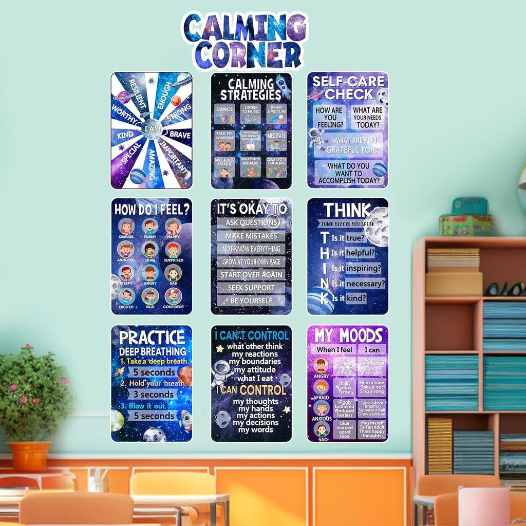 Funrous 10 Pcs Calming Corner Posters Space Themed Classroom Feeling Emotion Charts Mental Health Poster Decorations Calm Down Wall Art for Students