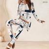 Women Plus Size Round Neck Long Sleeve Black Orange Beige Geometric Print Long Top And Fitted Pants Two Piece Set