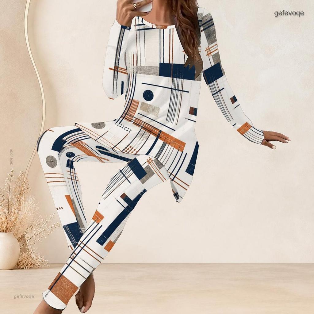 Women Plus Size Round Neck Long Sleeve Black Orange Beige Geometric Print Long Top And Fitted Pants Two Piece Set
