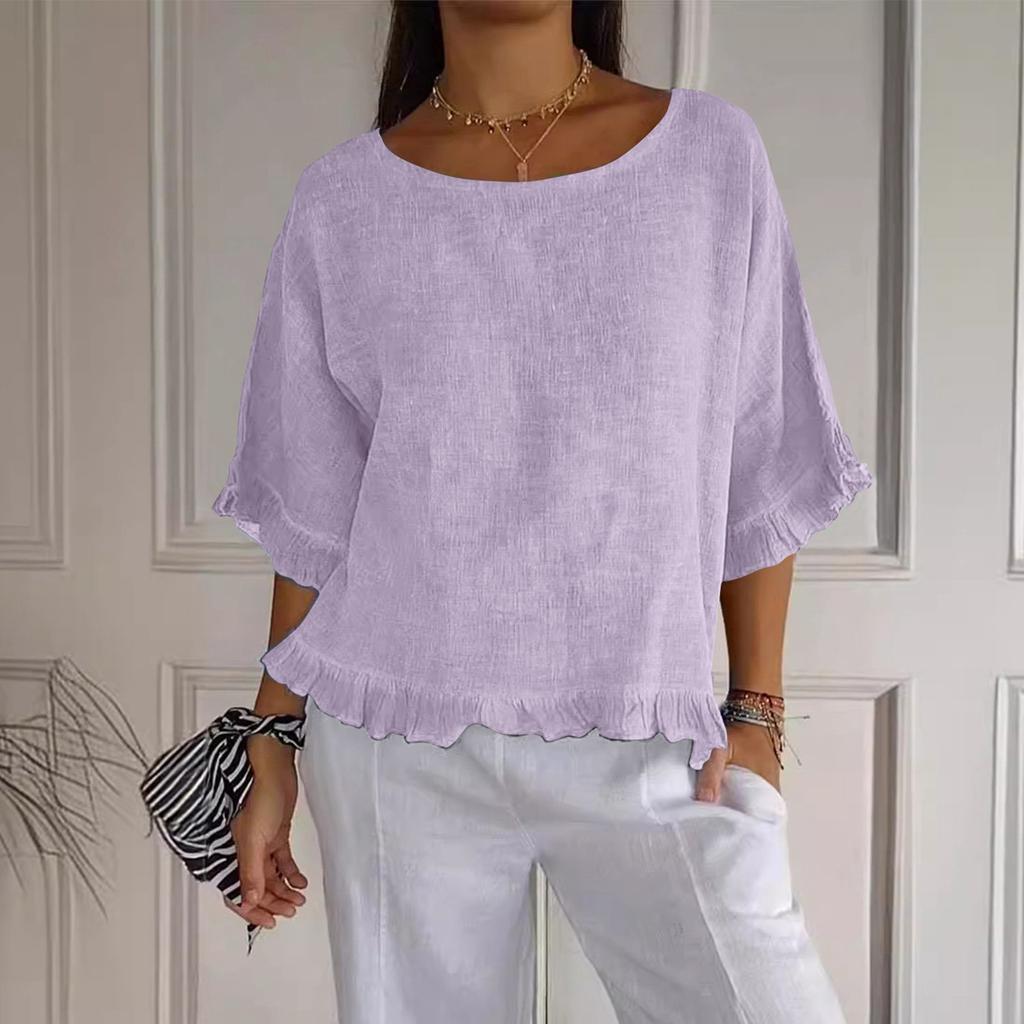 Women's' Fashion Solid Color Round Neck Short Sleeve Loose  Pullover Shirt Top