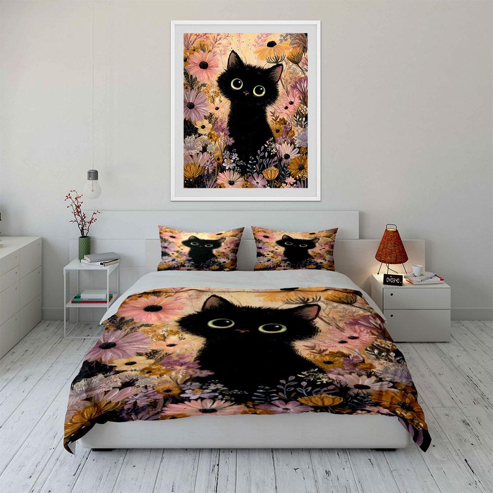 Cute black cat in flower field Print Bedding Set 1 Duvet Cover 2 Pillowcases for Adult and Children Luxury Gift Full Size