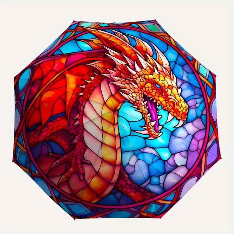Stained Dragon Wall Art: Vibrant Fantasy DecorUmbrella, Portable 3-Fold Compact Umbrella,Christmas Gift ES513