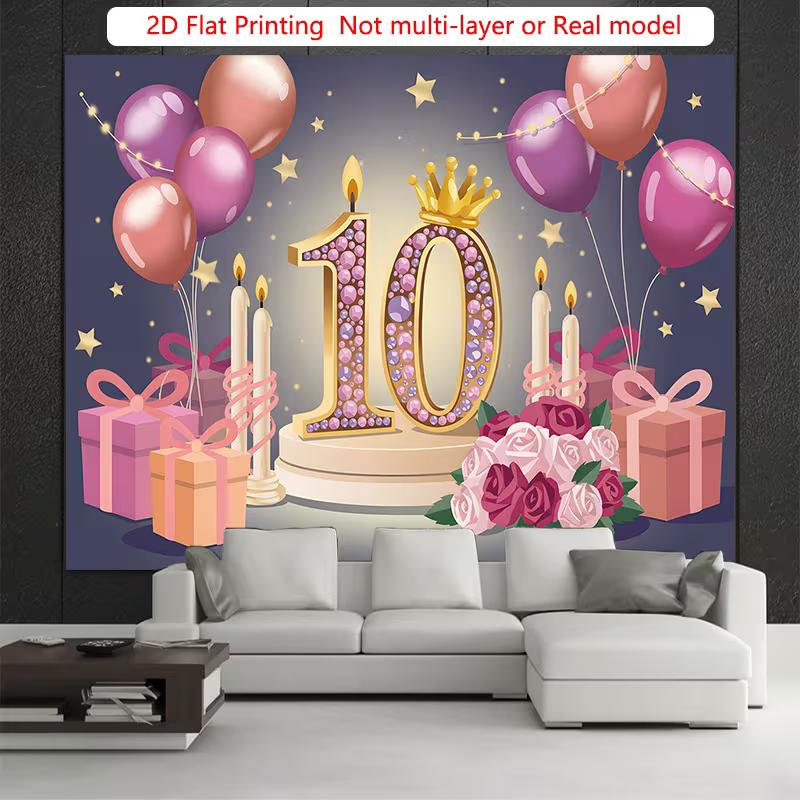 2D Pink Gold 10th Birthday Backdrop with Candles, Roses & Gift Boxes Party Banner
