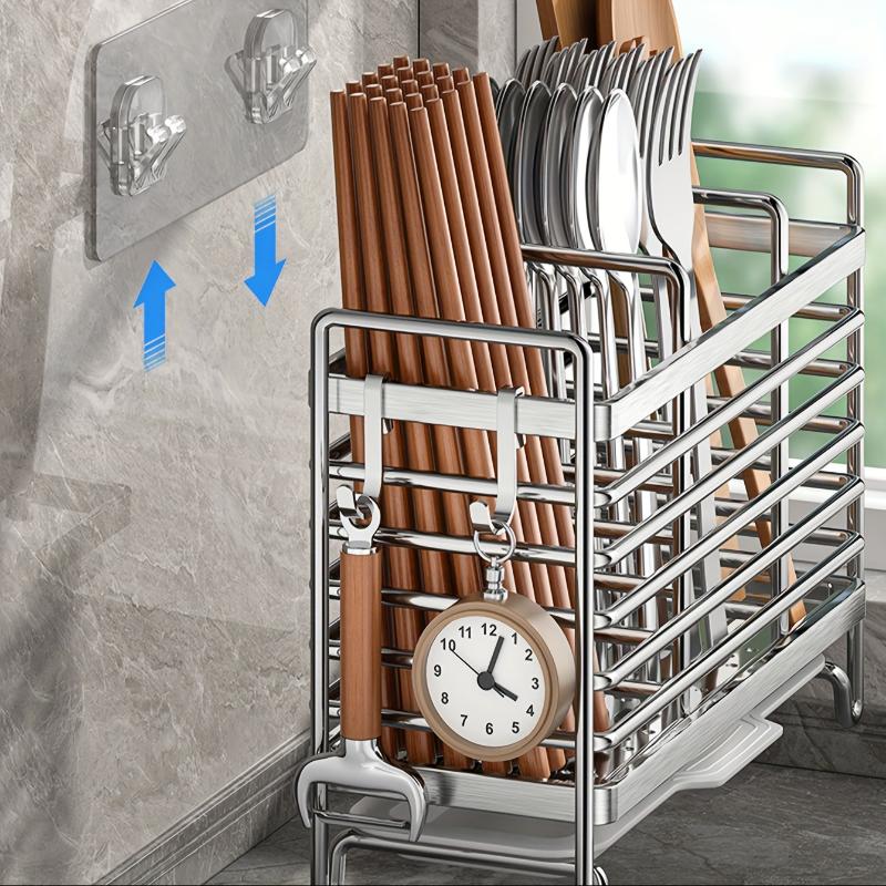 No-Drill Kitchen Cutlery Holder Wall Mounted Stainless Steel Space-Saving Sturdy Utensil Organizer for Apartment Rental