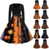 Women's Fashion V-Neck Casual Slim Halloween Printed Long Sleeve Dresses