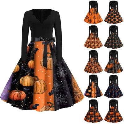 Женская мода с v-образным вырезом, повседневные тонкие платья с длинными рукавами и принтом на Хэллоуин
