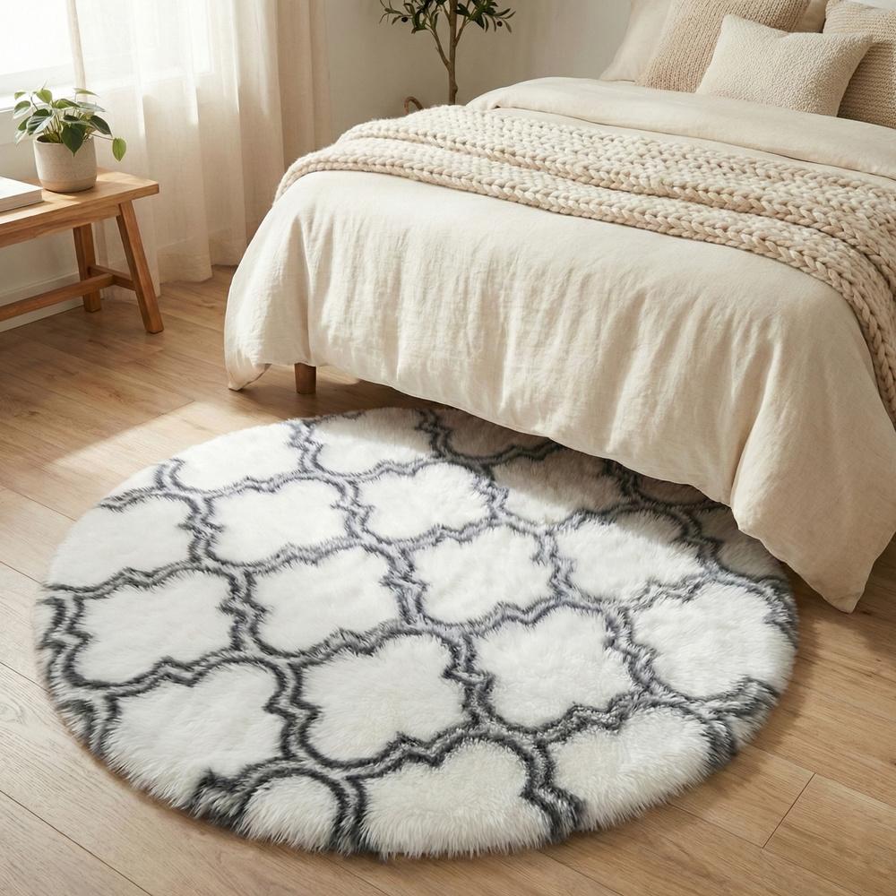 Dywan okrągły do salonu shaggy DECOR antypoślizgowy miękki puszysty 140x140 White Lantern