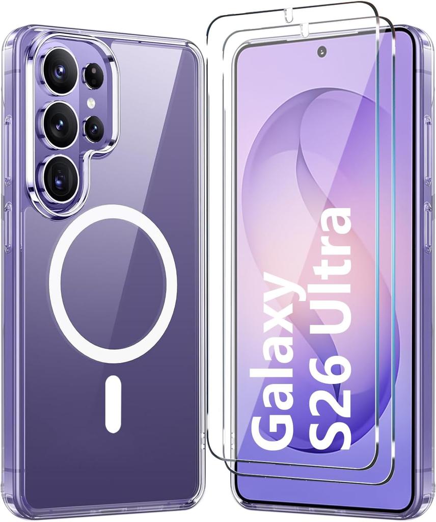 For Samsung Galaxy S26 Ultra S25 Plus Magnetic Phone Case with 2 Glass Screen Protectors MagSafe Non-Yellow Anti-Shock Transpare