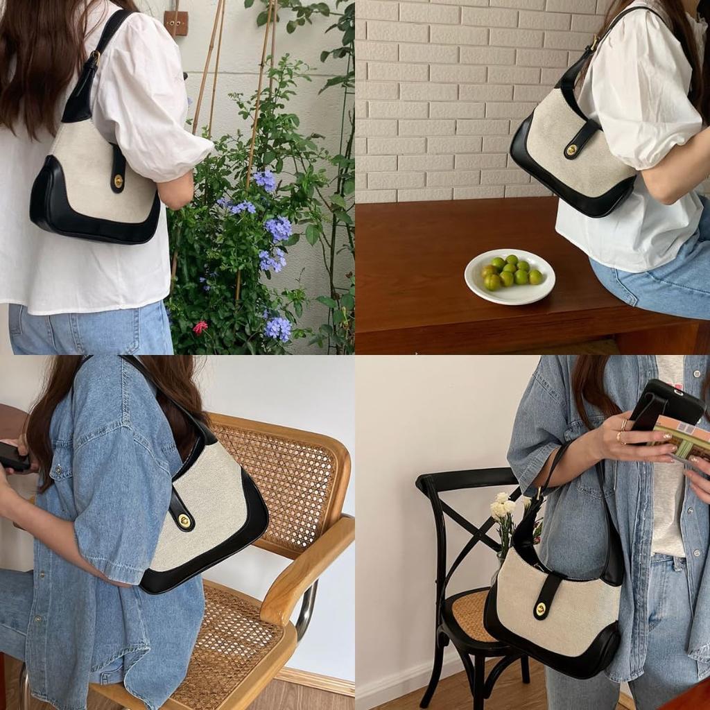 Shoulder Bag Handbag PU Leather Canvas Handbag Western Style Retro Black Brown [INTERLINKS JAPAN] Women's (Black)