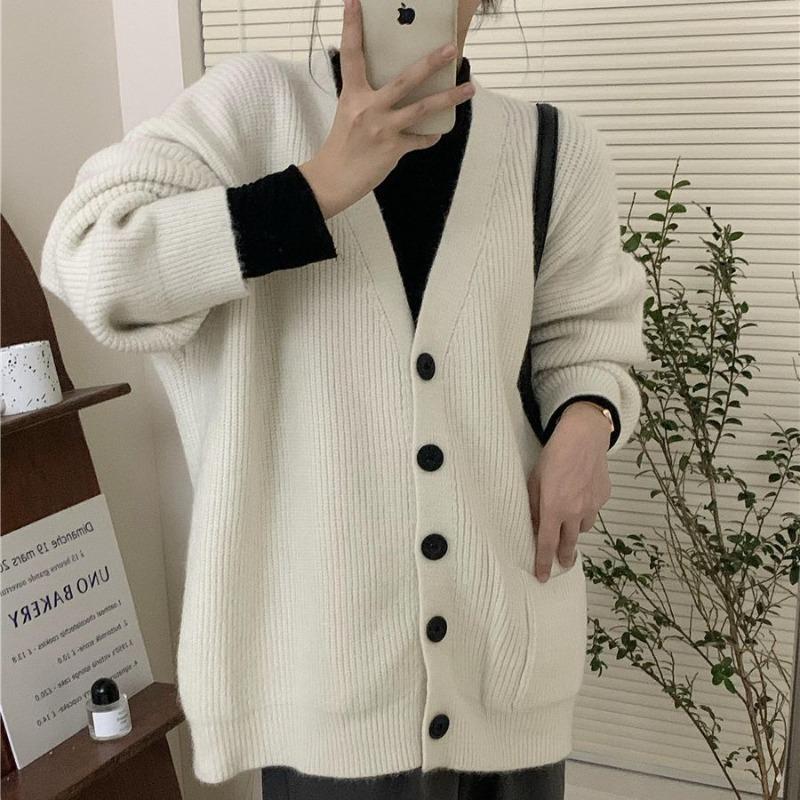 Винтажный ленивый кардиган V-образного выреза, вязаный, для женского осенне-зимнего сезона, новый, свободный, универсальный, на пуговицах, куртка-свитер для женщин