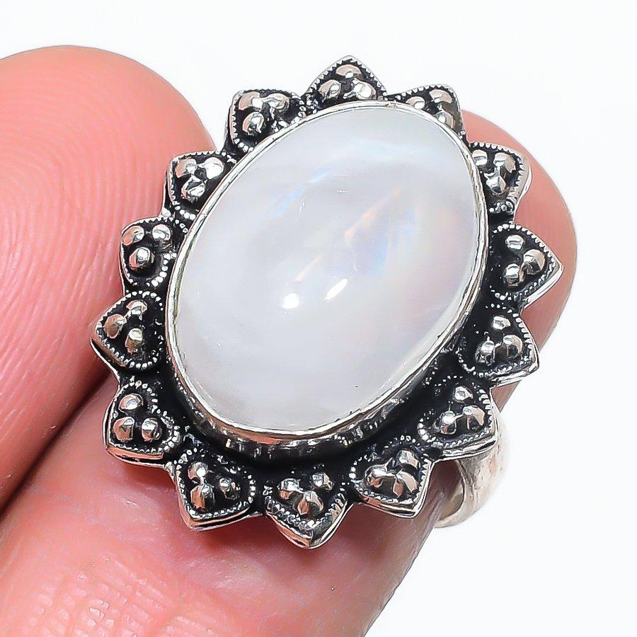 Лунный камень Ручная работа 925 стерлинговое серебро Ювелирное кольцо Размер 7.5 u3Y24