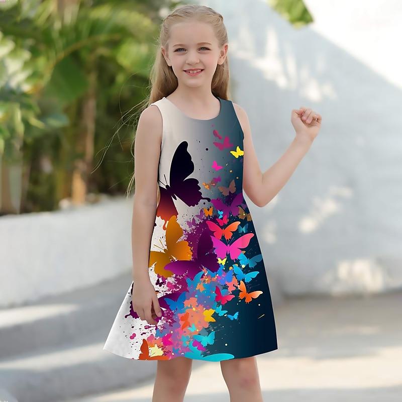 Платье для девочек Без рукавов 3D Ожерелье-бабочка С принтом Лето Весна Повседневные Милый Повседневный Милый Дети Платье трапециевидной формы Платье-майка Платье для сна Спокойной ночи
