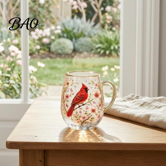 Garden Style Tea Cup Morning Glass Cup, Hummingbird Flower Pattern Tumbler with Gold Rim, Nature Elegant Edge Themed Glassware for Coffee Juice