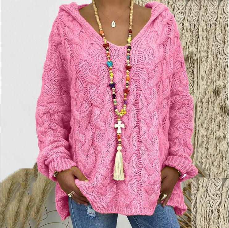 2023 Women's V-Neck Hooded Knit Sweater - European & American Style, Long Sleeve, Loose Pullover