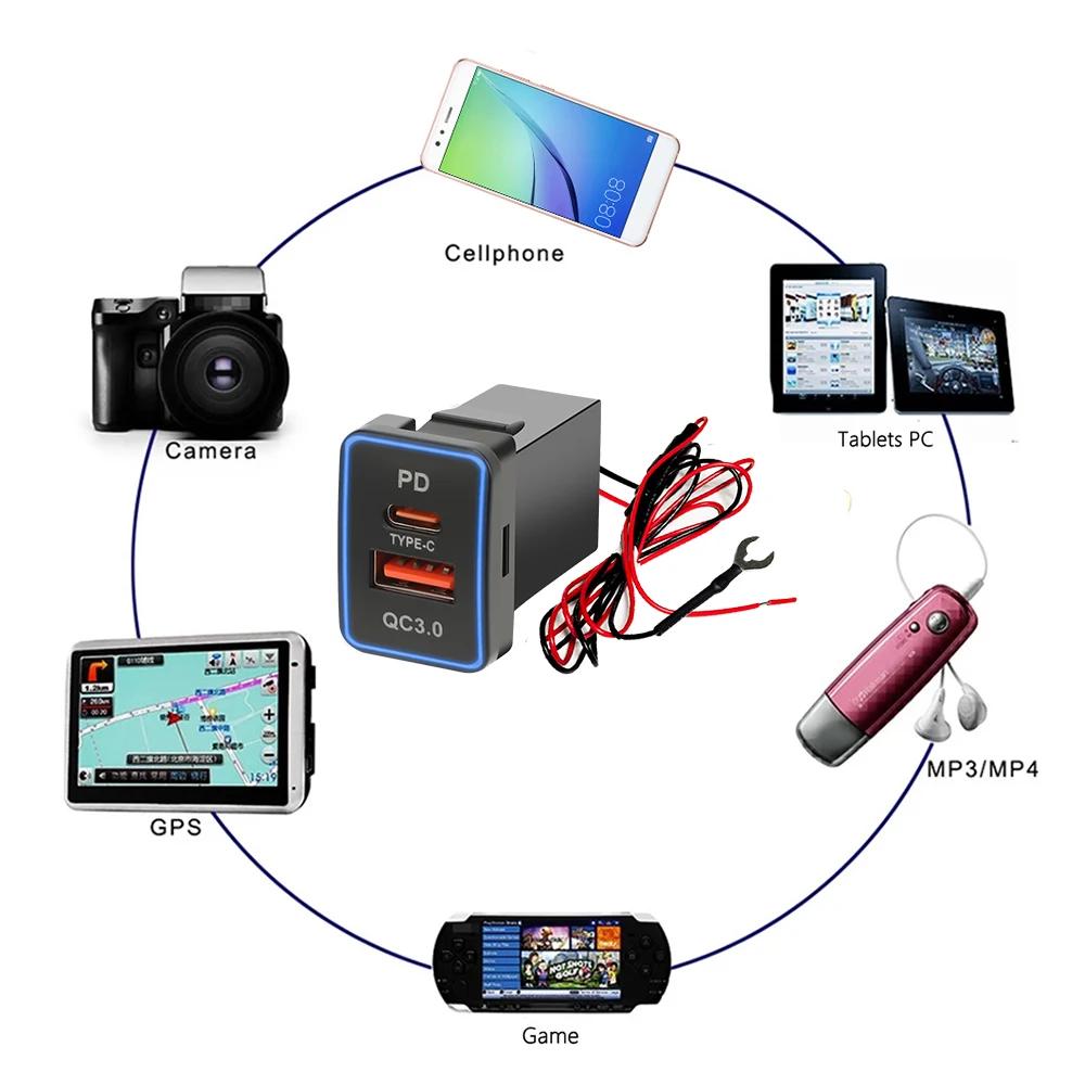 For Toyota QC PD 3.0 USB Car Charger Adapter Socket DC 12V-24V Mobile Phone Charger Adapter Fast Charging with LED Light