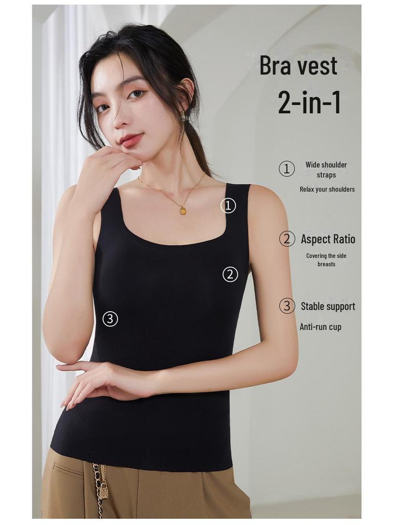 Женская бесшовная майка из шелка Ice Silk с нагрудными вкладышами и квадратным воротником — без бюстгальтера, красивый дизайн спины