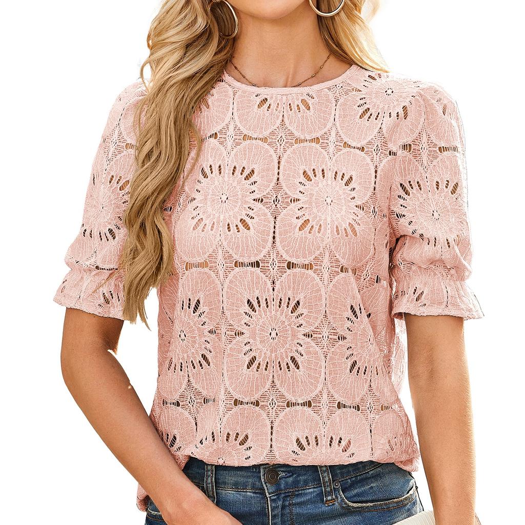 Женская модная повседневная рубашка с короткими рукавами и кружевом-пузырем