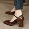 Single Shoe Women's 2025 New Fashion Super Splicing Thick Heel One-word Buckle French Square Head High Heel Mary Jane Shoes