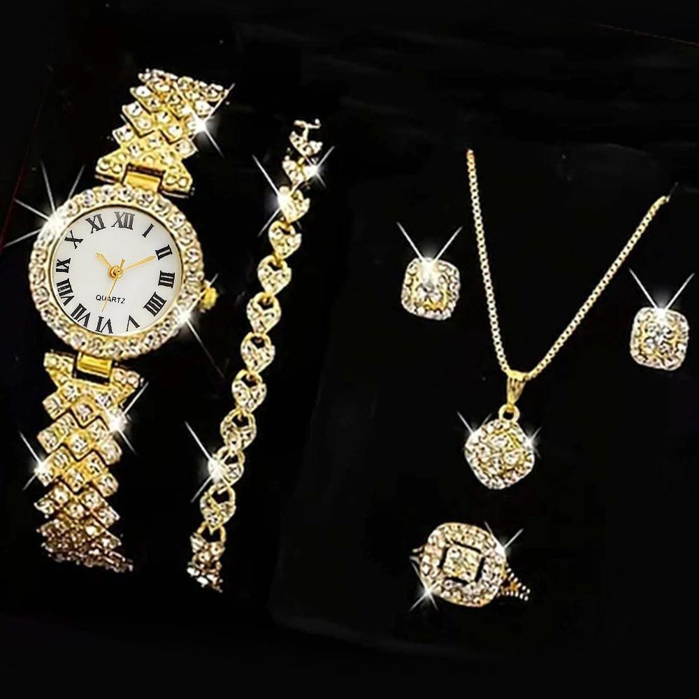Trendy Unisex Roman Pattern Necklace Diamond Bracelet Fashion 6PCS Quartz Watch Women's Watch Earrings Crystal Ring Women Watch Set