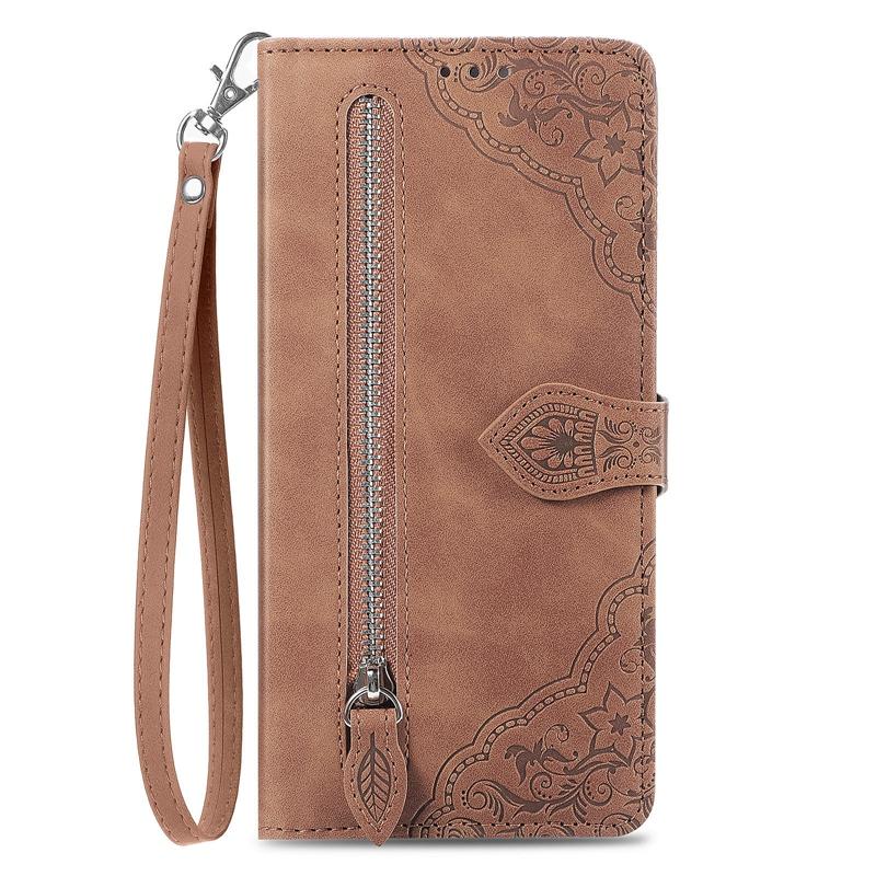 Embossed Totem Flower Phone Case for iPhone Samsung Xiaomi Huawei Honor Google OPPO Stand Holder Card Slots Zipper Wallet Cover with Hand Strap