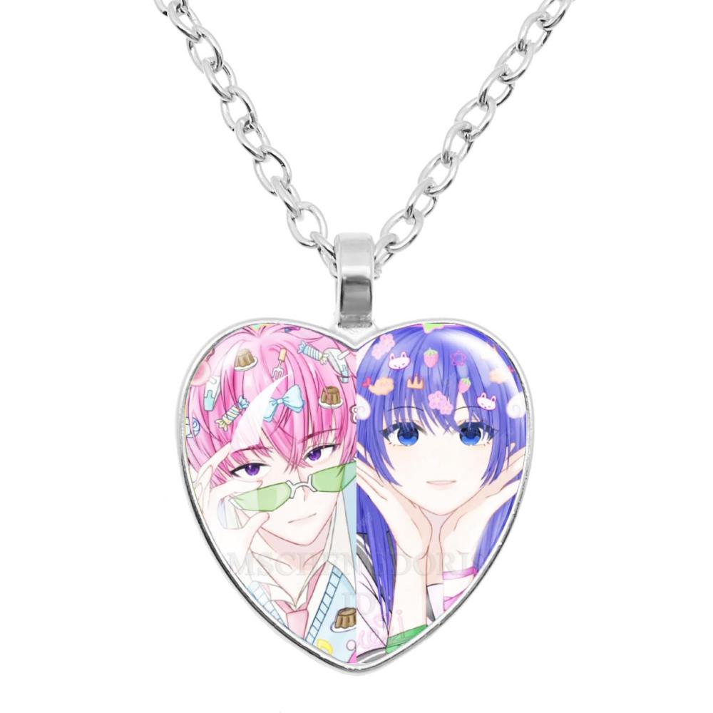 Кулон с персонажами мультфильма Saiki K: Сайки Кусуо, Сайто Шуичи, Терухаши Кокоми. Кулон в форме стеклянного сердца. Украшение-шарм. Подарок.