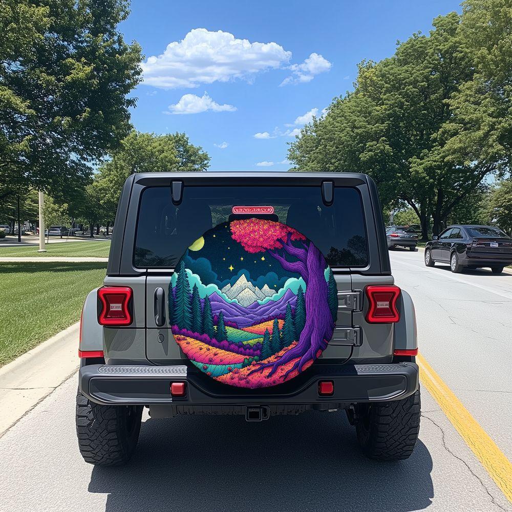 Fantasy Moonlit Ancient Tree Sanctuary Tire Cover - Artistic Illustration Style Polyester Spare Wheel Protector, Vibrant Purple-