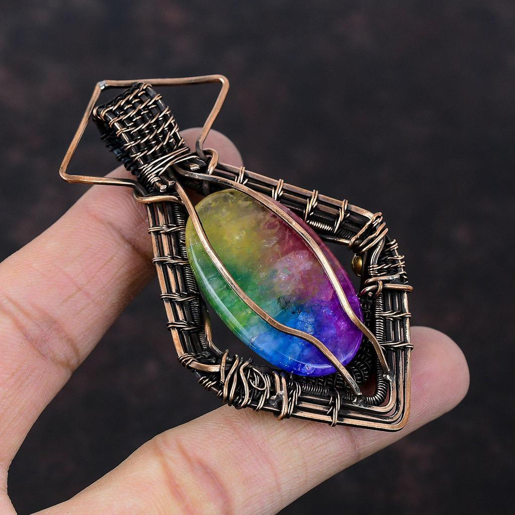 Радужный солнечный кварцевый кулон с друзами, кулон из медной проволоки, стильный кулон ручной работы, медная проволока, ювелирные изделия, кулон с драгоценным камнем для подарка