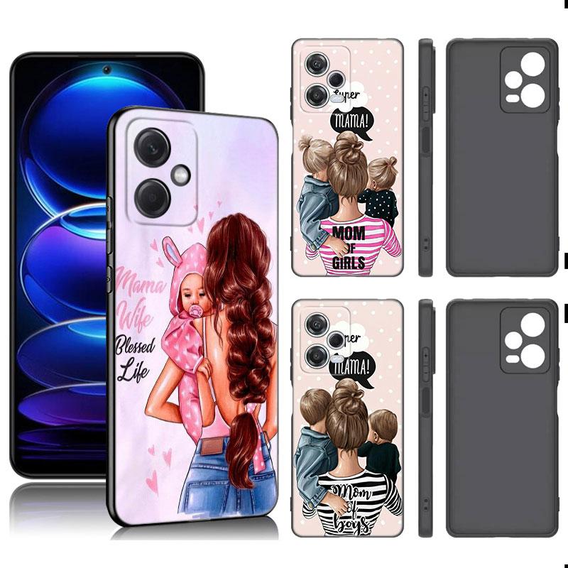 Super Mom Baby Girl Boy Black Silicone Phone Case For Xiaomi Redmi Note 9 10 11 11S 11T 12 13 Pro 5G Plus 9S 10S 12S