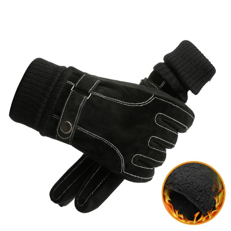 Мужские зимние теплые кожаные перчатки из утолщенного хлопка ветрозащитные варежки для вождения