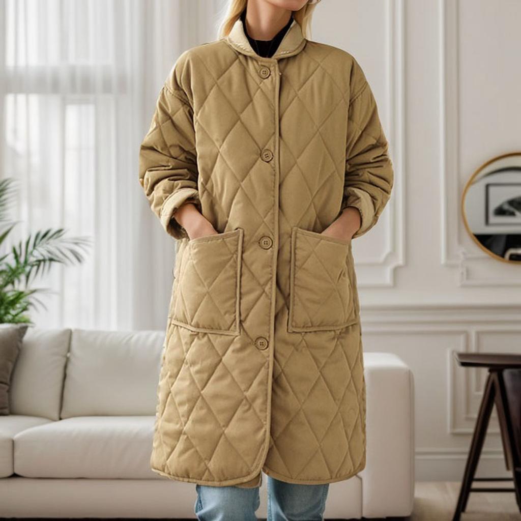 Vintage Women'S Solid Color Mid Length Cotton Collar Quilted Jacket Warm Winter Female 2023 Fashion Loose Warm Padded Coat
