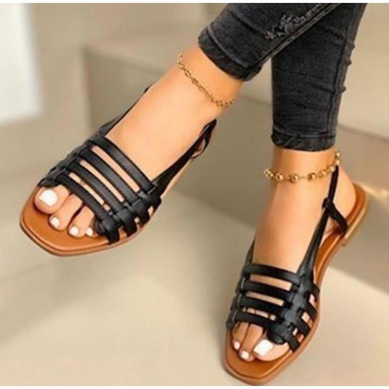 Fashion Large Size Sandals New Square Head Thin Belt Woven Flat Shoes Light Anti-slip Wear-resistant Beach Shoes