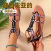 2025 New Summer Bohemian Ethnic Style Colorful Splicing Roman Women's Large Size Flat Sandals 41--43