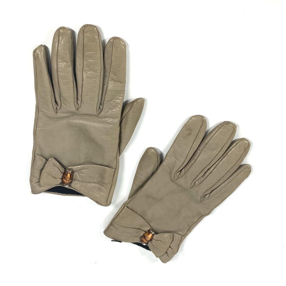 GUCCI Ribbon Wood Bamboo Glove gloves Leather Beige