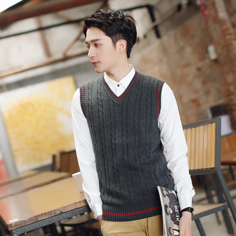 Мужской тонкий трикотажный шерстяной жилет с V-образным вырезом - модный корейский свитер без рукавов