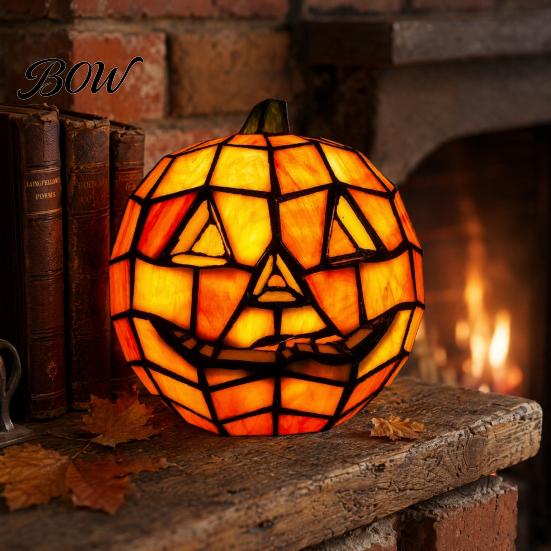 Halloween Pumpkin Light Stained Glass Lamp, Bedside Table Orange Lamp Accent Night for Indoor, Home, Holiday Party Decor Outdoor Decoration