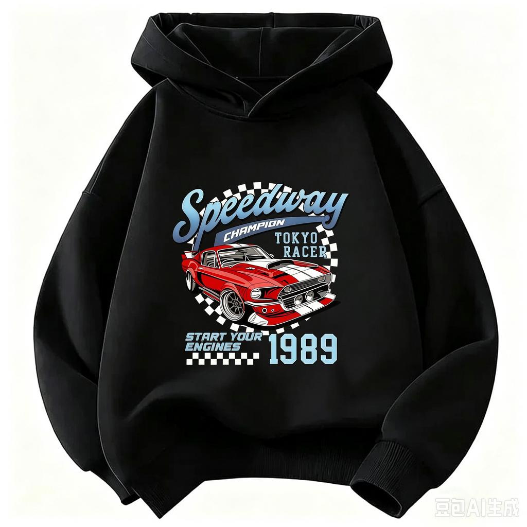 Autumn and Winter Fashion Trend - Children's Hooded Sweatshirt with Car Print - Comfortable and Soft Pullover for Boys and Girls