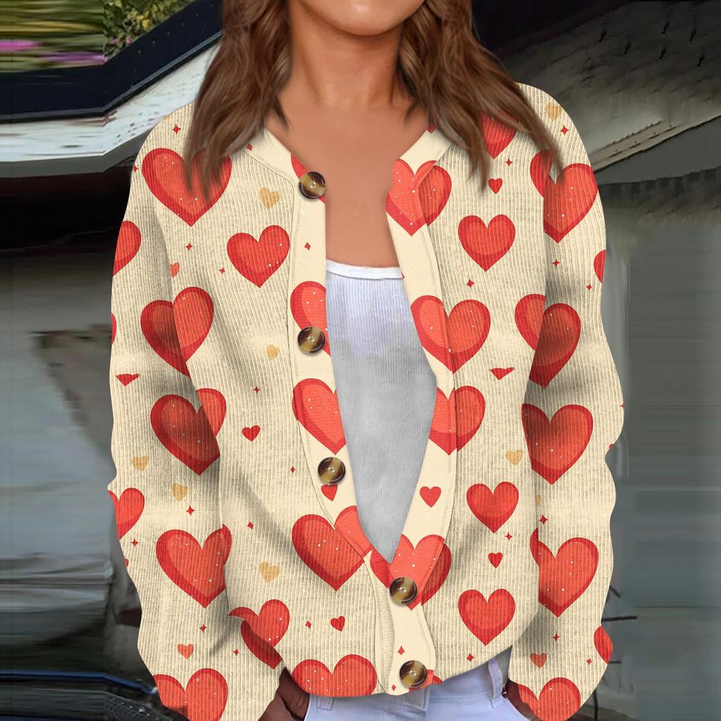 Женский кардиган с длинными рукавами и принтом ко Дню святого Валентина, жакет на пуговицах