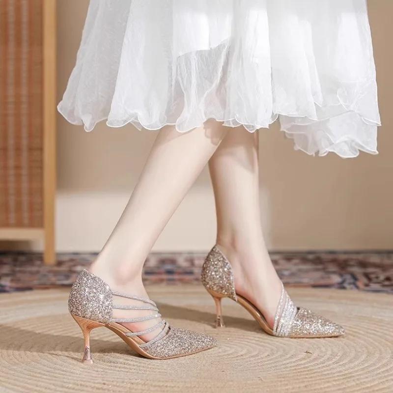 Модные женские туфли на высоком каблуке, летние новые туфли с заостренной цепочкой и бриллиантами, свадебные туфли на шпильках