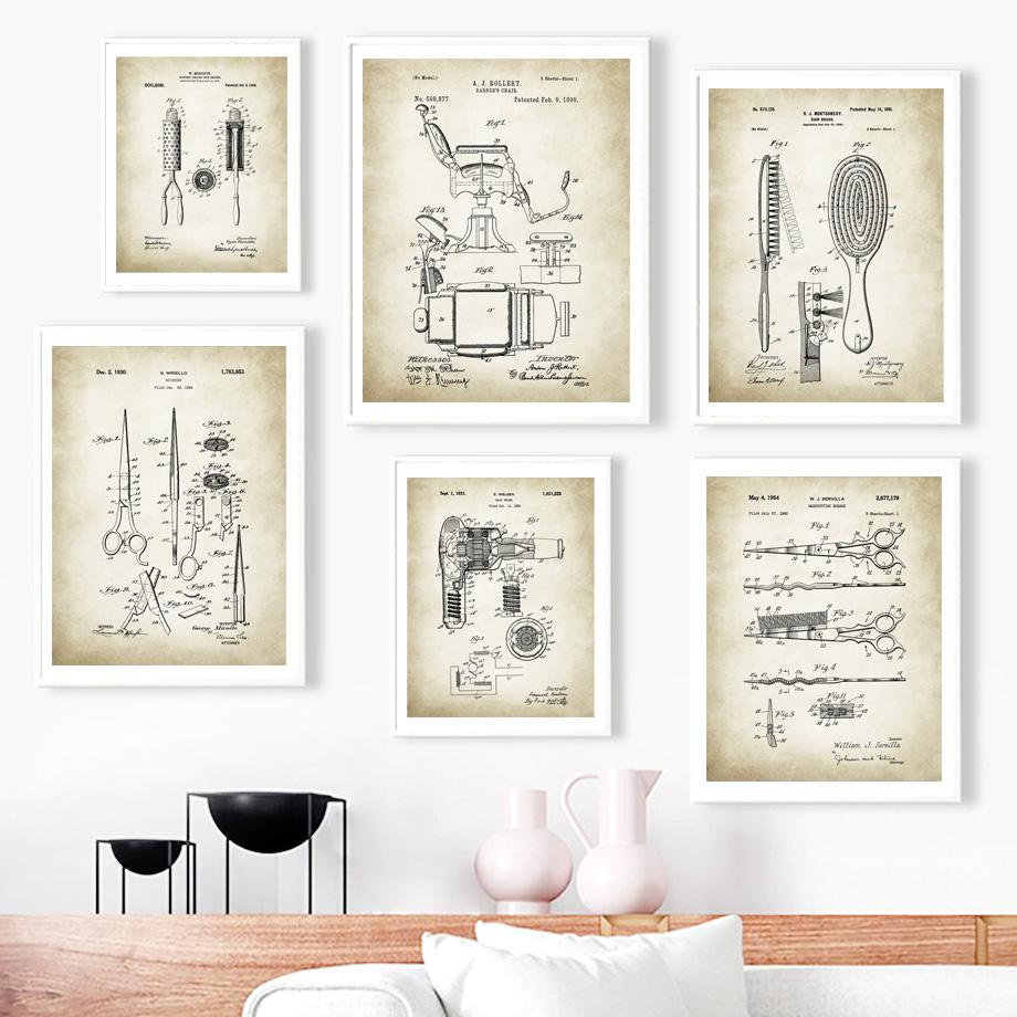 Парикмахерская патентный рисунок Парикмахерская Парикмахерская скандинавский постер настенный художественный принт холст живопись Декор фотографии для гостиной