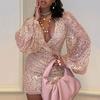 Women's Sexy Sequin Bodycon Dress Sheer Long Sleeve Deep V Neck Mini Dress Sparkly Evening Party Dress for Night Clubs
