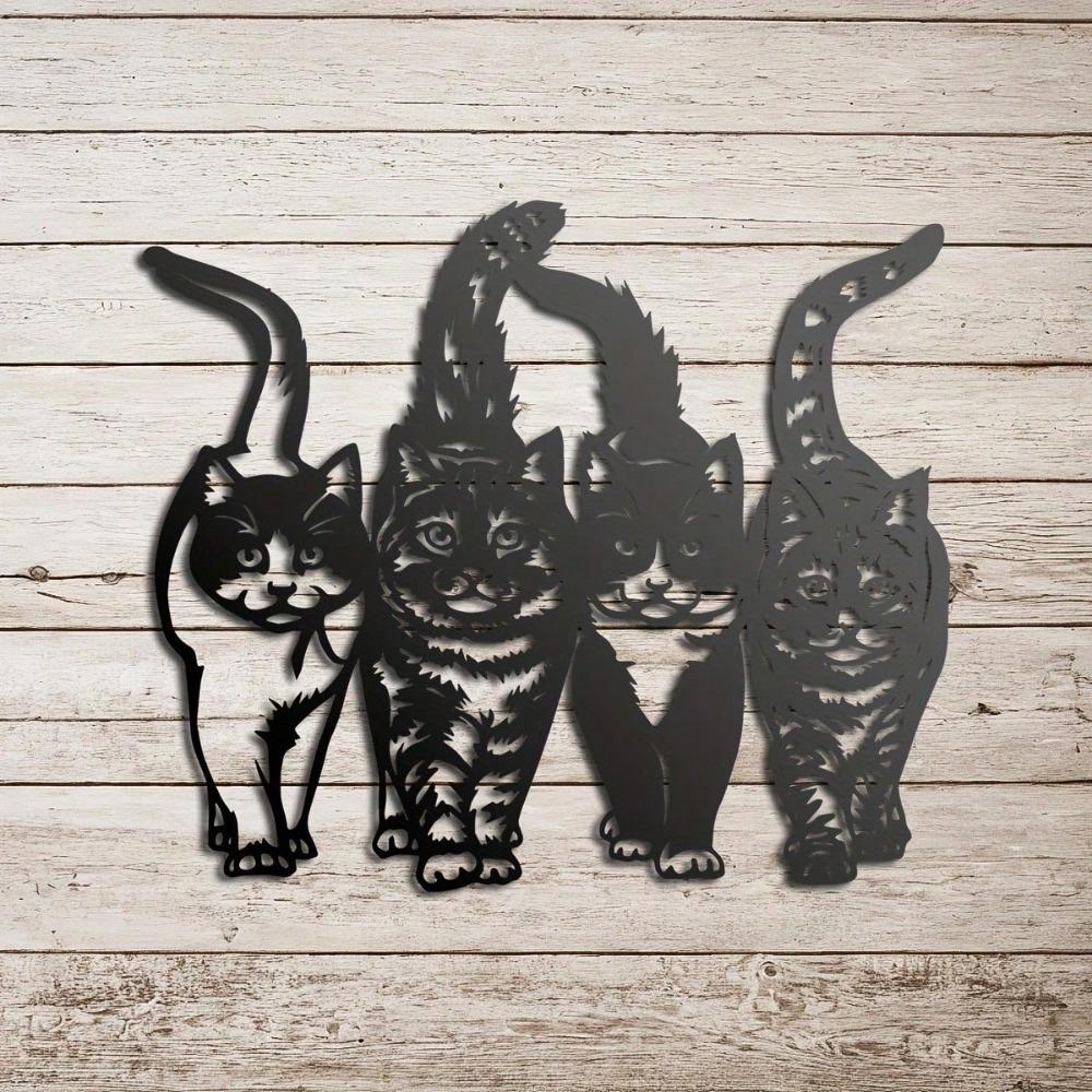 Four Walking Cats Minimalist Metal Wall Art - Modern Home Decor For Bedroom, Living Room, Or Bathroom.