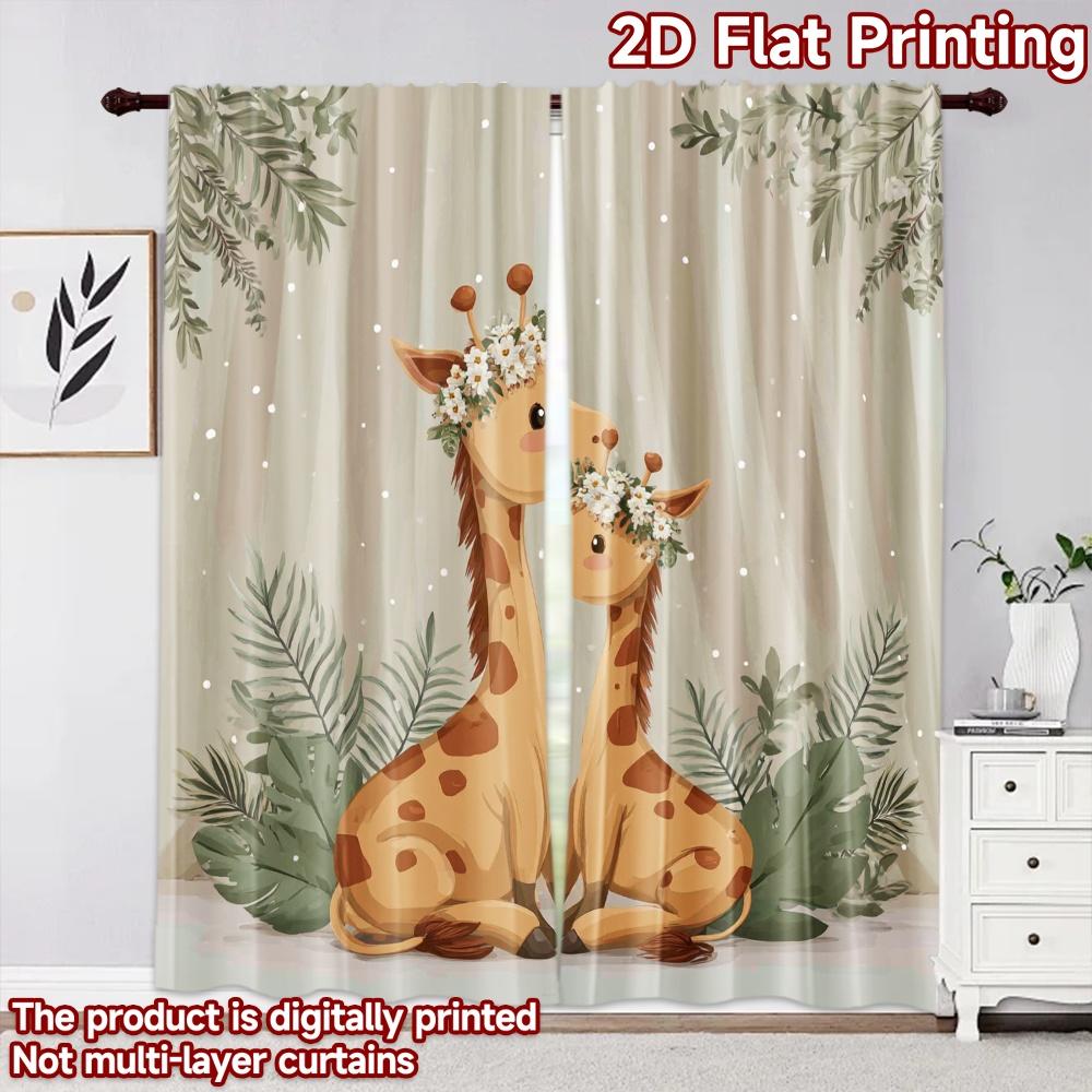 2D flat printing 2pcs Curtain Window Treatment Curtains Mother and Baby Giraffes Digital Printed Polyester Drapes Birthday Party