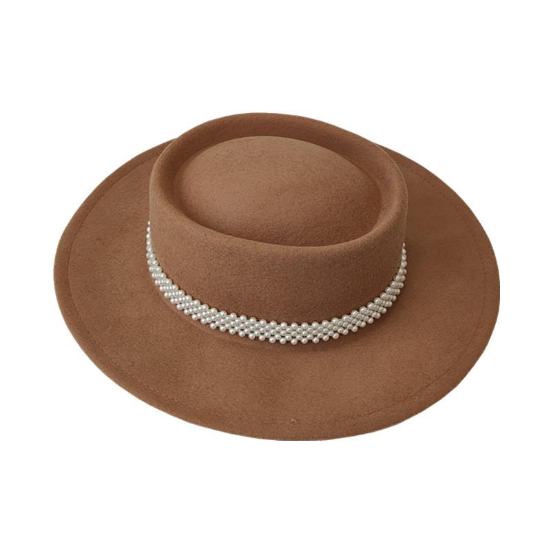 French wool woolen groove small pearl camel hat women's autumn and winter fashion versatile personality street shot concave top hat