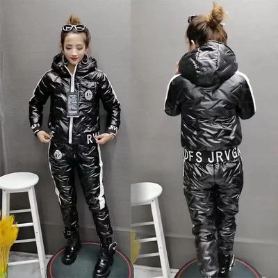 Зимние Теплые Глянцевые Комплекты из Двух Предметов Женские Утепленные Пуховики Пальто с Капюшоном Костюмы Спортивные Штаны Наряды