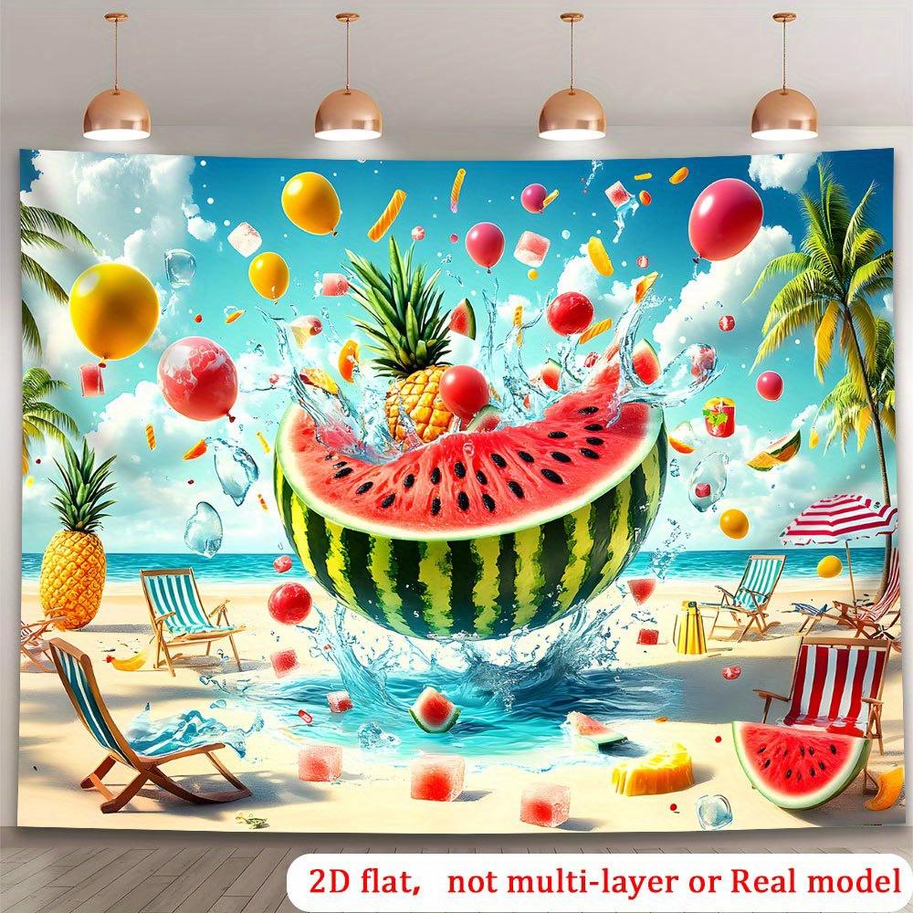 2D plane 1 banner with a splash of tropical beach fruits background with pineapple and citrus designs