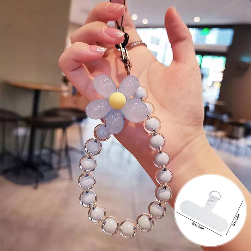 Cell Phone Lanyard Keychain on The Phone Macaron Color Beads Pendant Mobile Phone Rope Flowers Keychains Accessorie