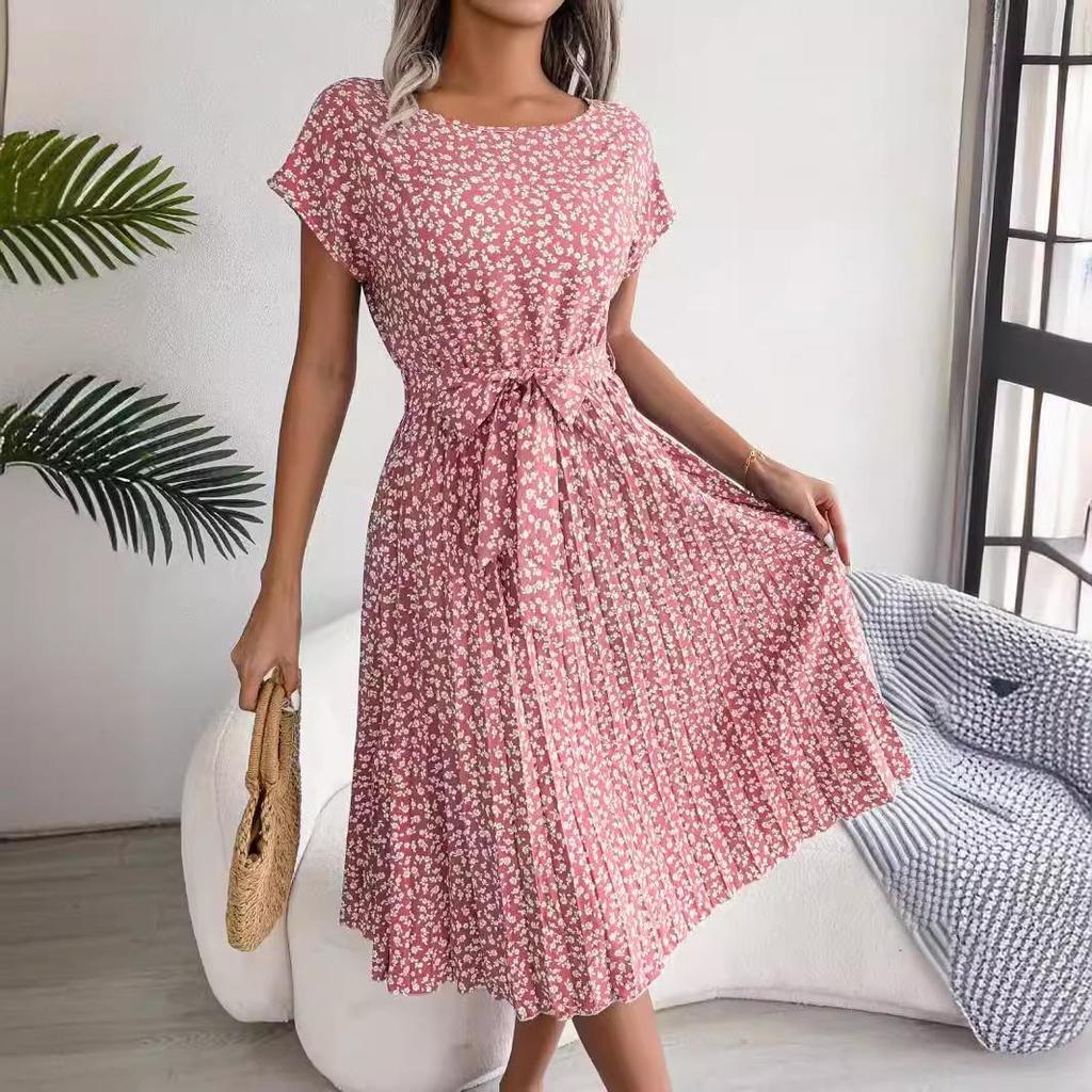 2025 Цветочная плиссированная юбка с коротким рукавом - Весна/Лето Европейский и американский стиль