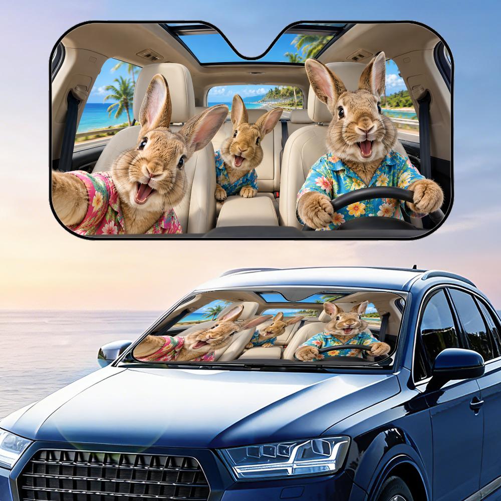 Bunny in Hawaiian Shirt Funny Sun Visor Car Windshield Sunshade UV Protection Reflective Foldable Heat Insulation Cover